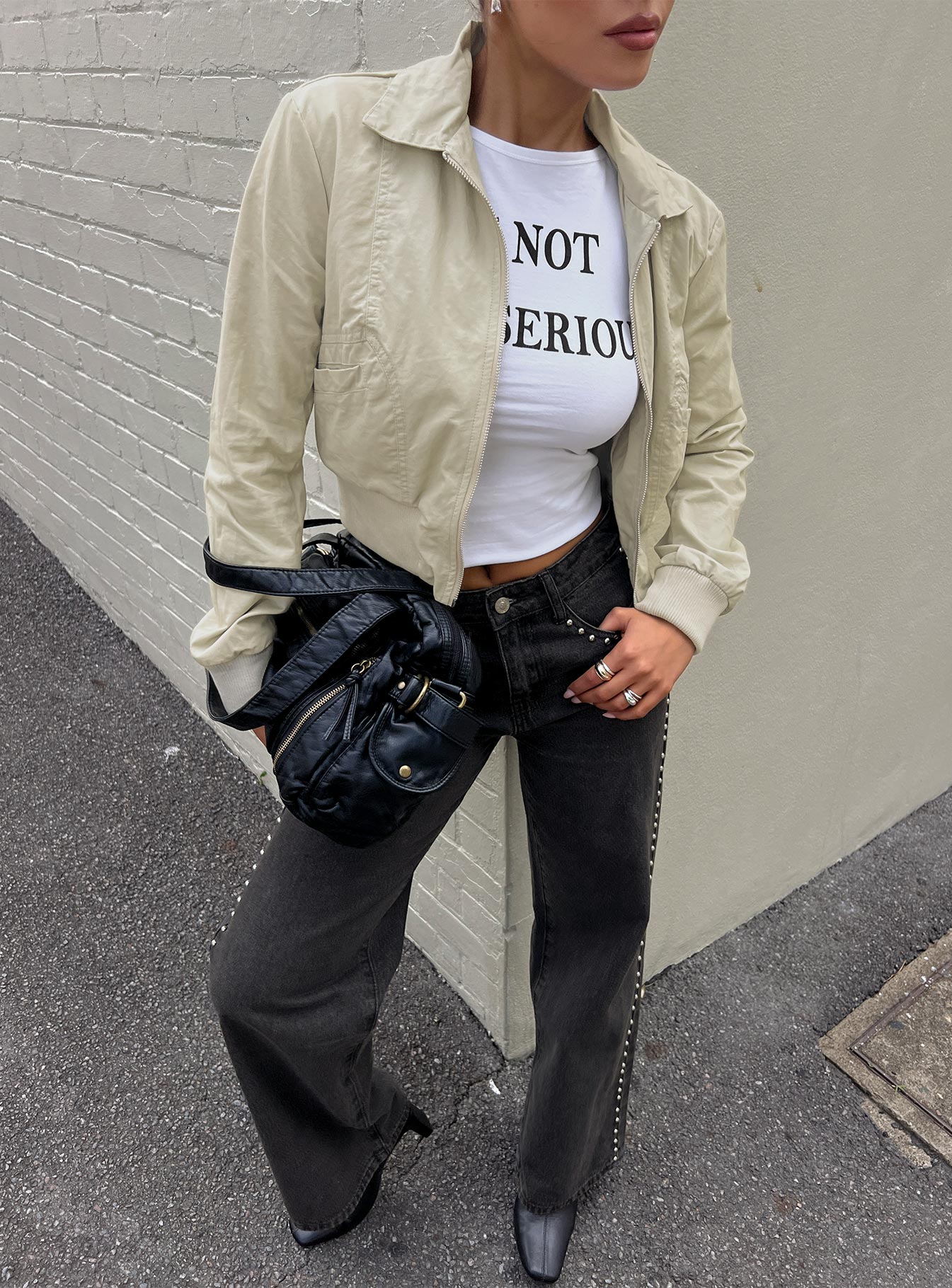 Saving Up Mid Rise Straight Leg Studded Jeans Jet Black