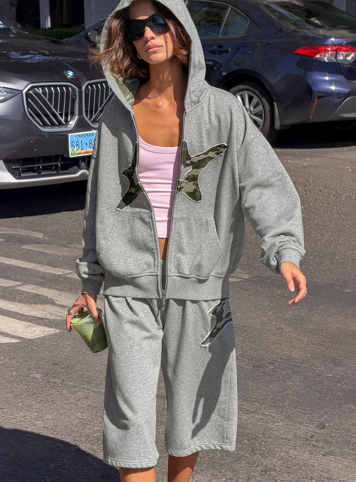 Chelzie Zip Through Graphic Hoodie Grey Marle / Camo