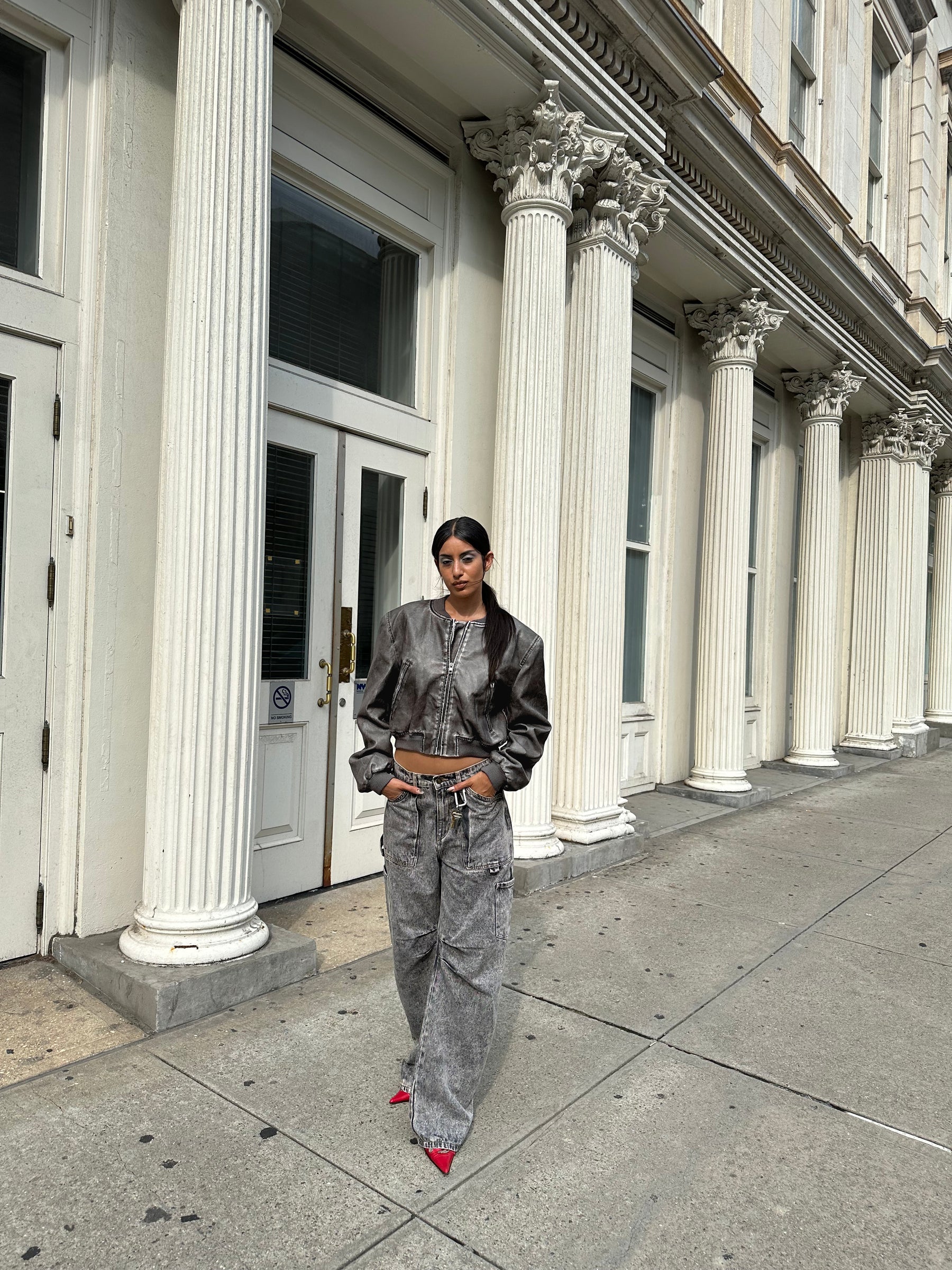 Faux leather bomber jacket High neckline, zip fastening, twin hip pockets, elasticated waistband and cuff Non-stretch material, fully lined 