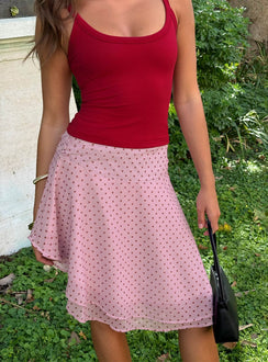 Evanescence Asymmetrical Midi Skirt Pink Polka Dot