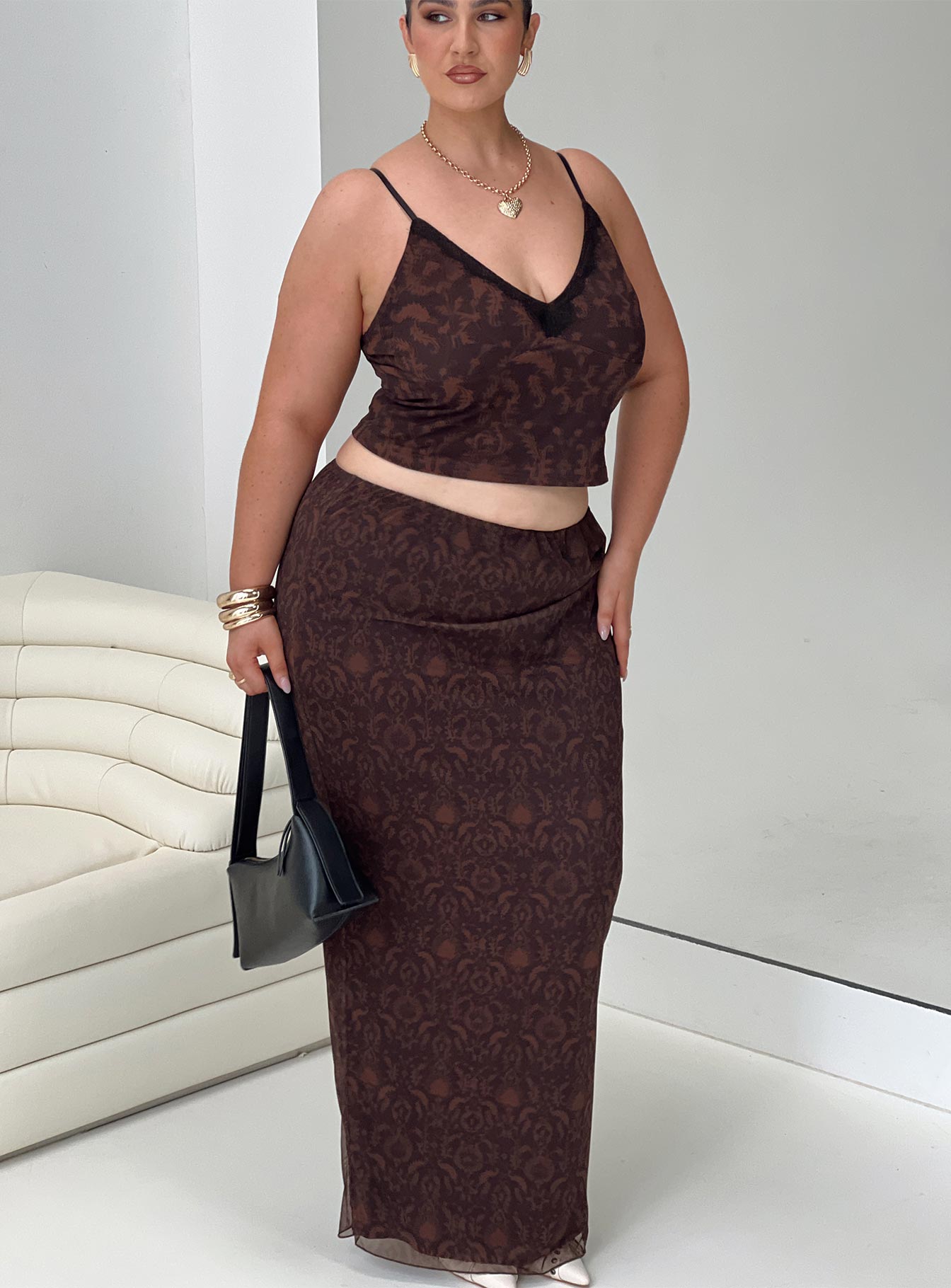   front view of model wearing Princess Polly Hostona Maxi Skirt Mutli Curve Maxi 