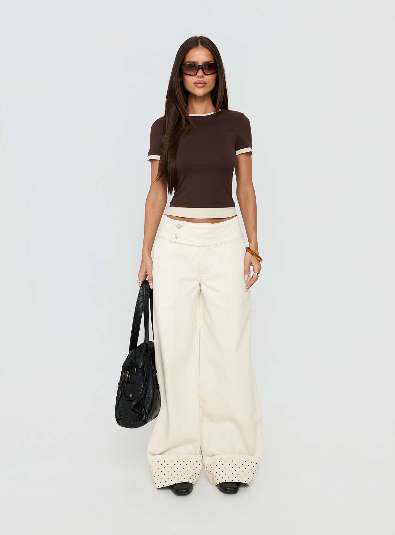 front view of model wearing Princess Polly Nikoletta Foldover Jeans Cream / Polka Mid Rise Jeans 