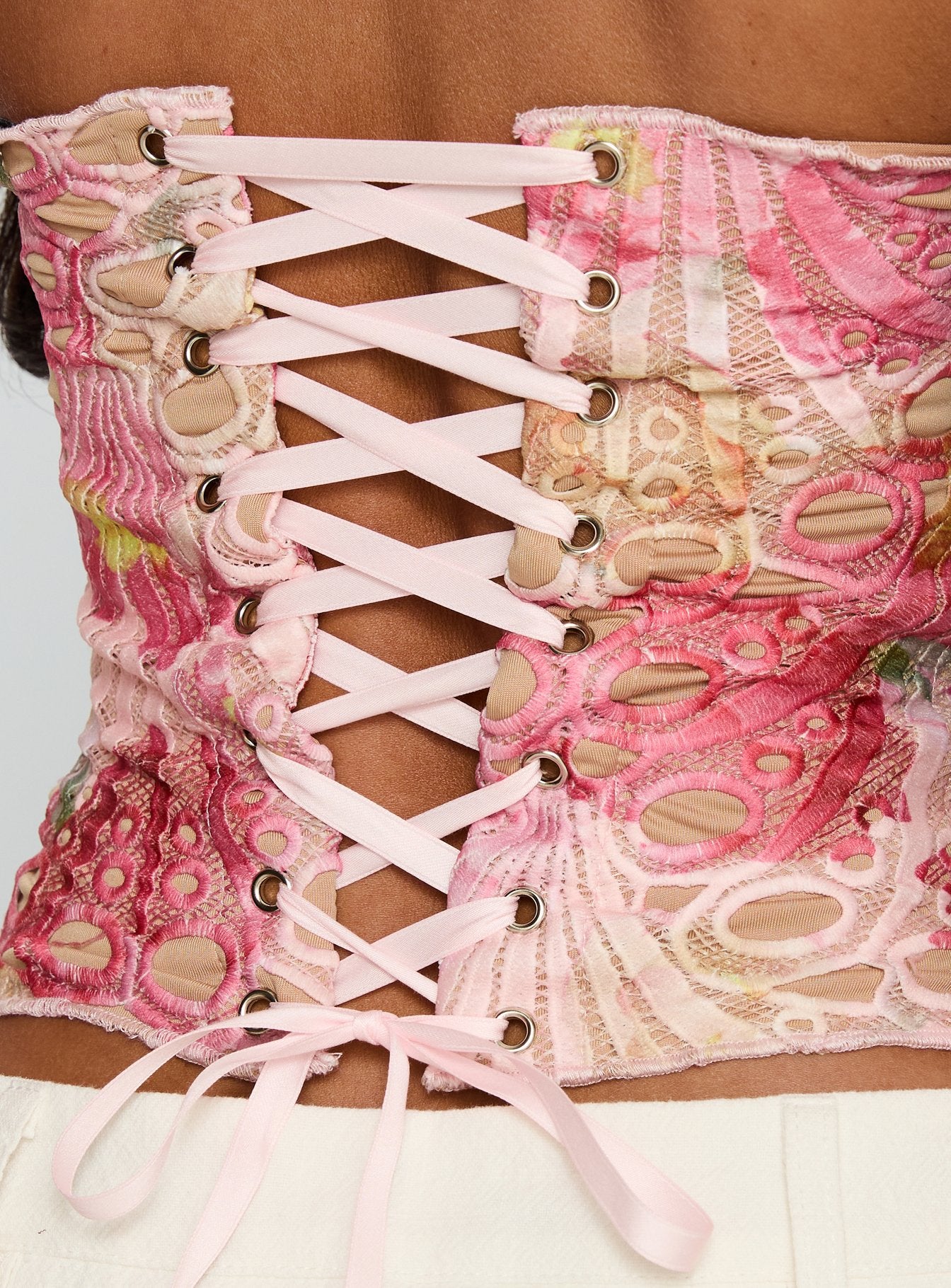 Raynelle Strapless Tie Back Corset Top Pink Multi