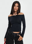 back view of model wearing Princess Polly Maestro Off The Shoulder Top Black Full Sleeves straight 