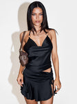 front view of model wearing Princess Polly Artemas Halter Top Black Sleeveless Cowl 