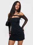 side view of model wearing Princess Polly Kampton Strapless Mini Dress Black Asymmetric Neckline 