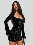 front view of model wearing Princess Polly Vinelle Long Sleeve Mini Dress Black Square Neck 