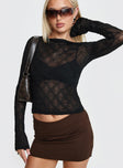 front view of model wearing Princess Polly Altaira Long Sleeve Sheer Top Black Full Sleeves Boat Neck 