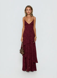 Lyricah Tiered Tie Back Maxi Dress Burgundy Petite