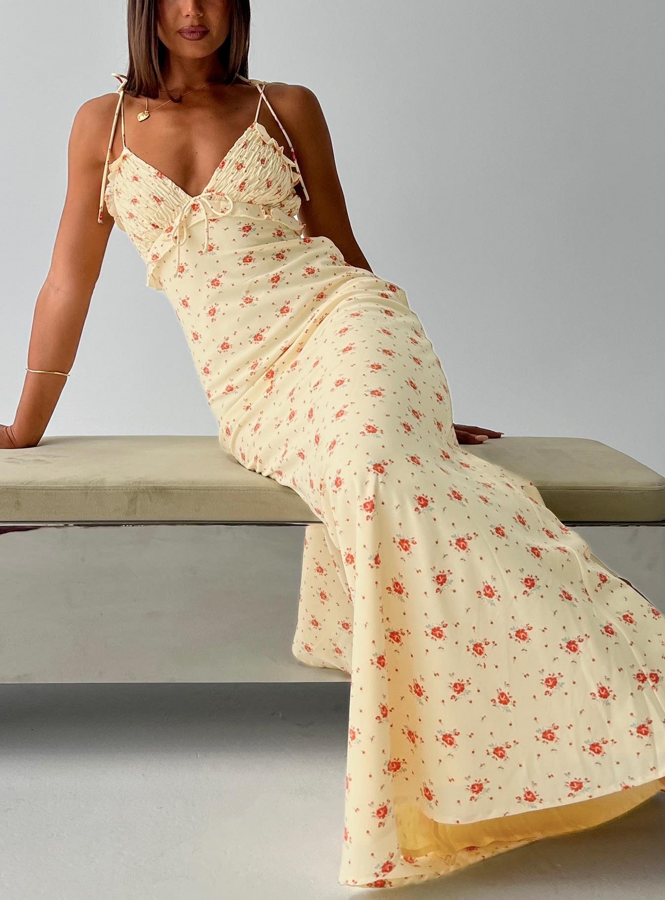 Morcar Frill V Neck Maxi Dress Yellow Floral