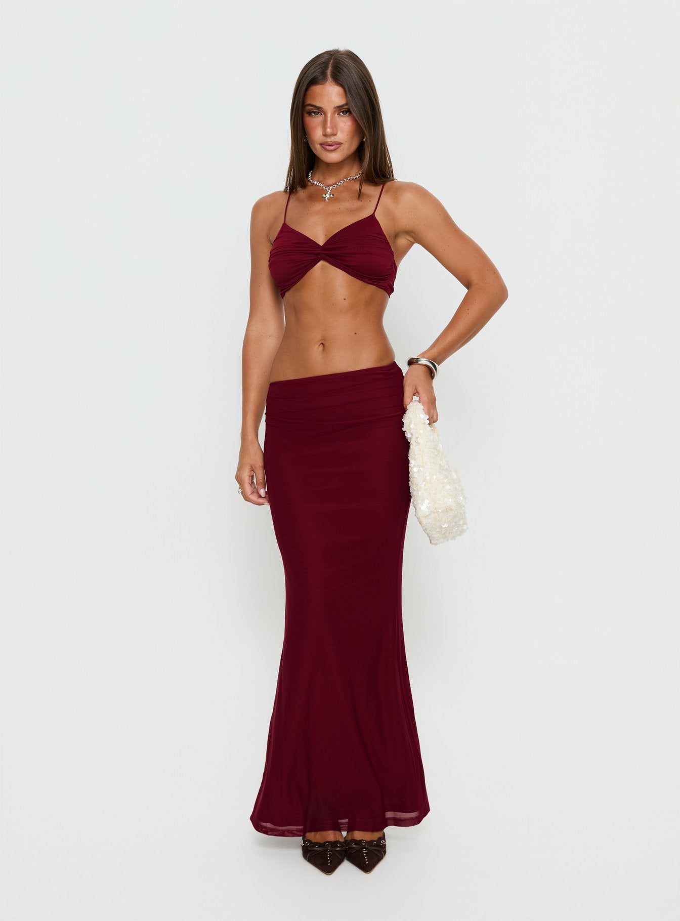   front view of model wearing Princess Polly Delores Ruched Maxi Skirt Red Maxi Skirts 