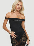 Bodysuit Off the shoulder style, frill detail at bust, high cut leg, cheeky bottom, press clip fastening at base Good stretch, fully lined  Princess Polly Lower Impact 