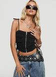 front view of model wearing Princess Polly Dalloren Denim Cargo Top Black Sleeveless Square Neck 