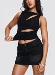 front view of model wearing Princess Polly Ablaze Cut Out Top Black Sleeveless High Neck 