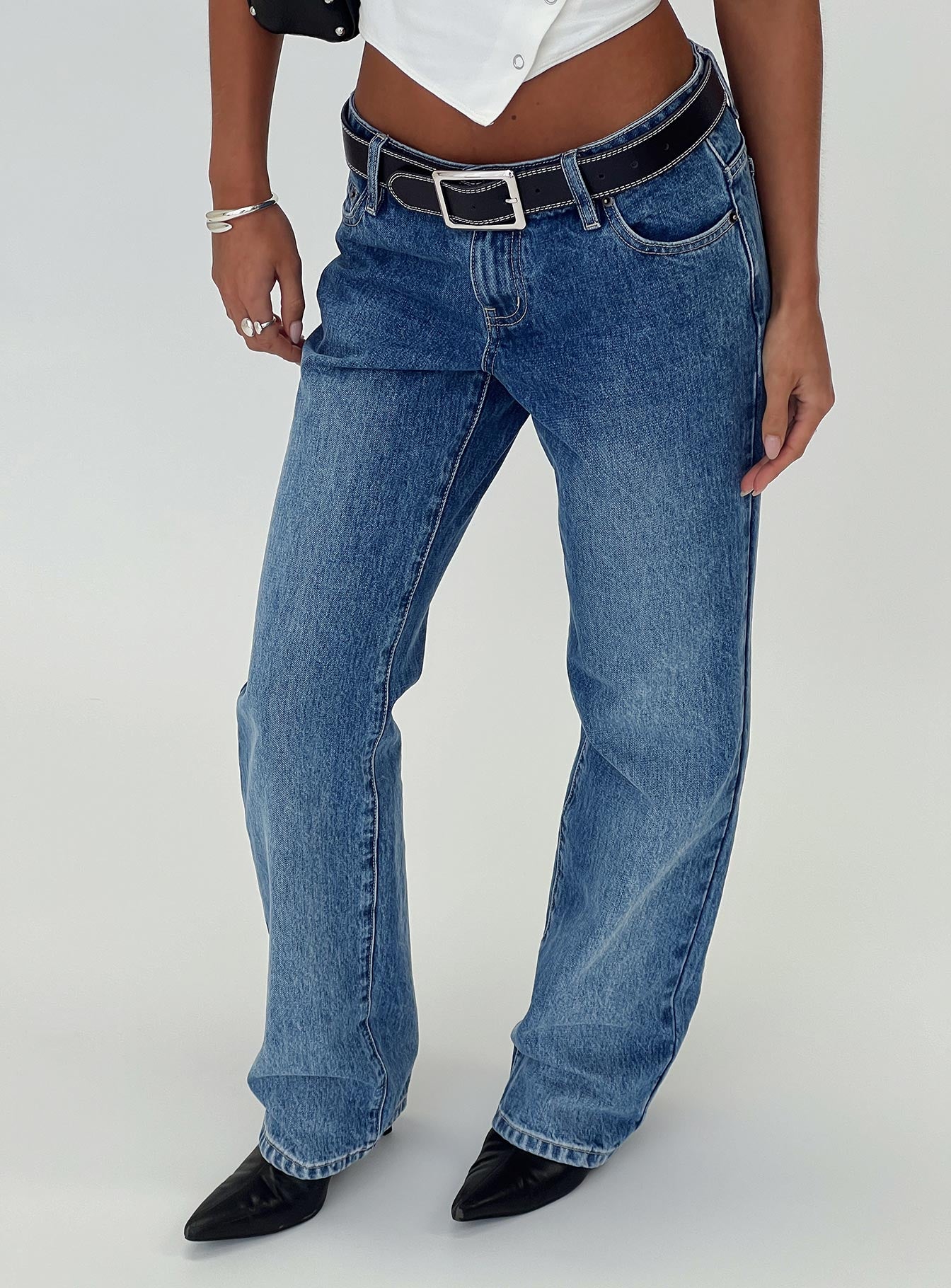 front view of model wearing Princess Polly Better Half Low Rise Jeans Horizon Blue Low Rise Jeans 