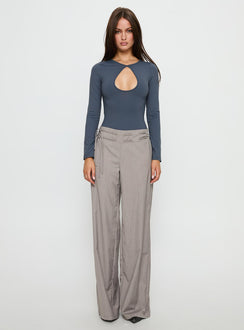 side view of model wearing Princess Polly Make It Yours Cut Out Long Sleeve Bodysuit Slate Long Sleeve Tops 