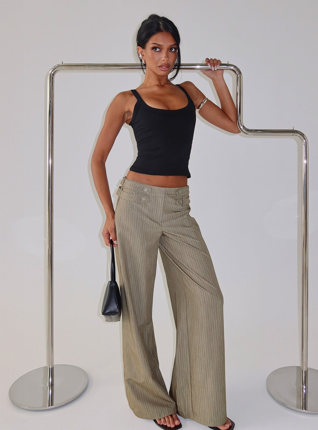 front view of model wearing Princess Polly Jette Tailored Buckle Pant Taupe Pinstripe Mid Rise Pants 