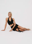 Black mesh matching set Mesh material, halter neck style, cropped fit, ruffle detail, invisible zip fastening