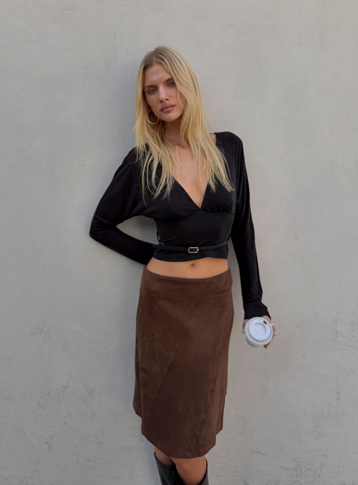 Shades Of Love Faux Suede Midi Skirt Chocolate