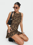 front view of model wearing Princess Polly Vivre Mini Dress Leopard Crew Neck 