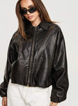 Faux leather bomber jacket Classic collar, drop shoulder, twin hip pockets, elasticated cuffs, drawstring toggle waist, zip fastening down front Non-stretch, fully lined 