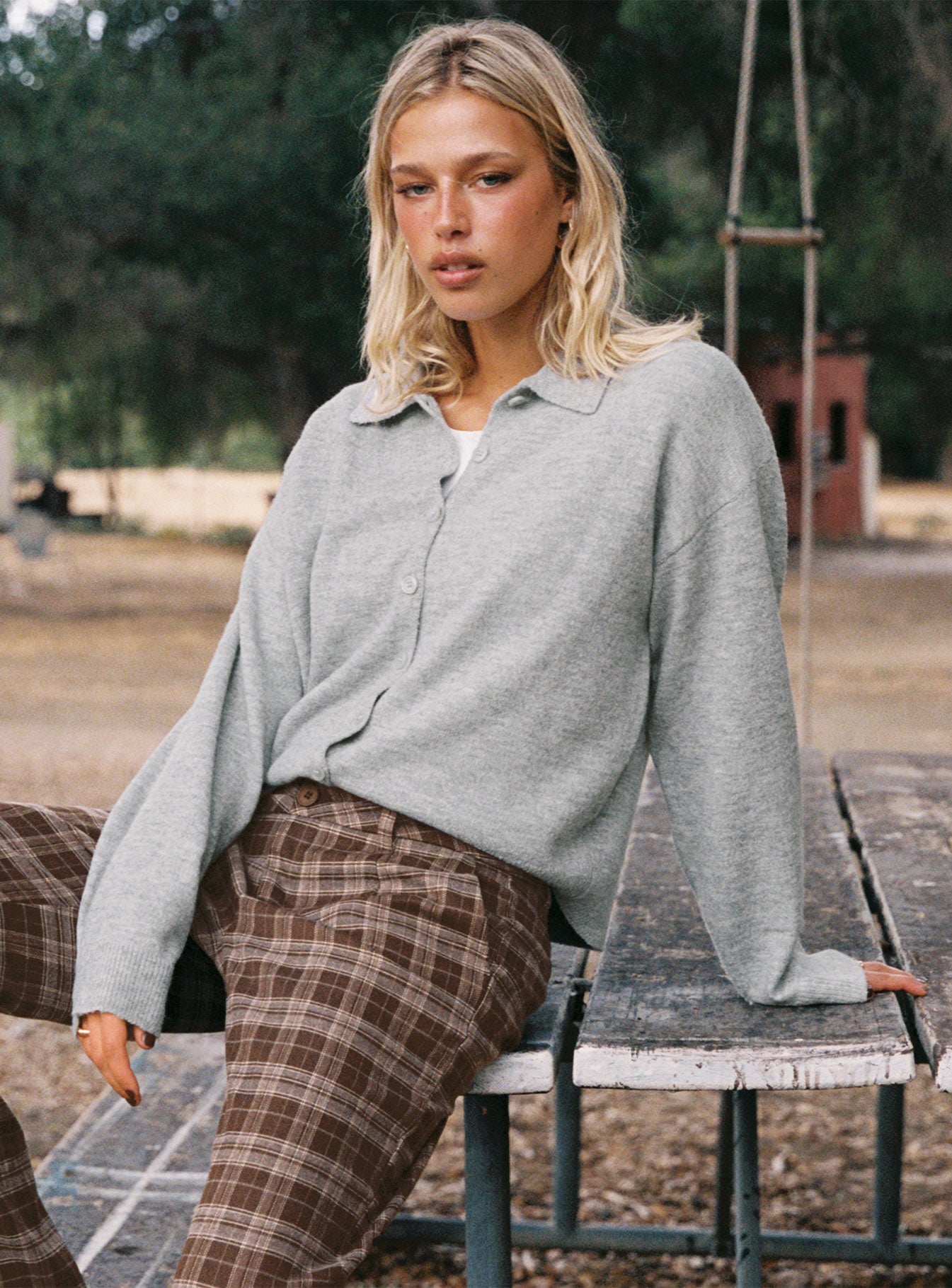 side view of model wearing Princess Polly Nadyna Collared Cardigan Grey Marle 