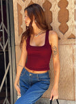 side view of model wearing Princess Polly Baseline Square Neck Rib Tank Top Red Sleeveless Square Neck 