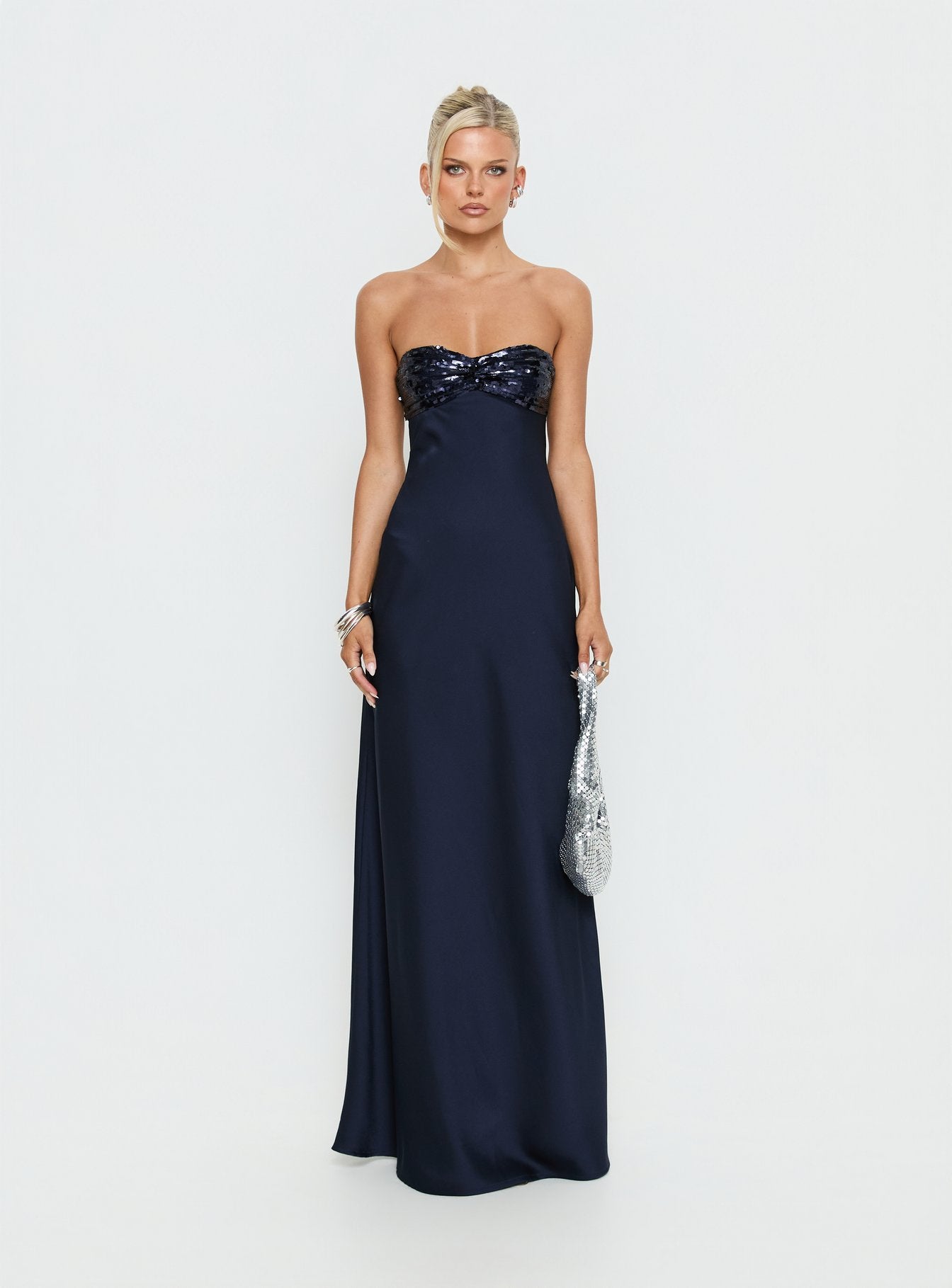 See The Vision Sequin Bust Strapless Maxi Dress Navy