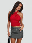 front view of model wearing Princess Polly Lavinea Halter Top Red Sleeveless 