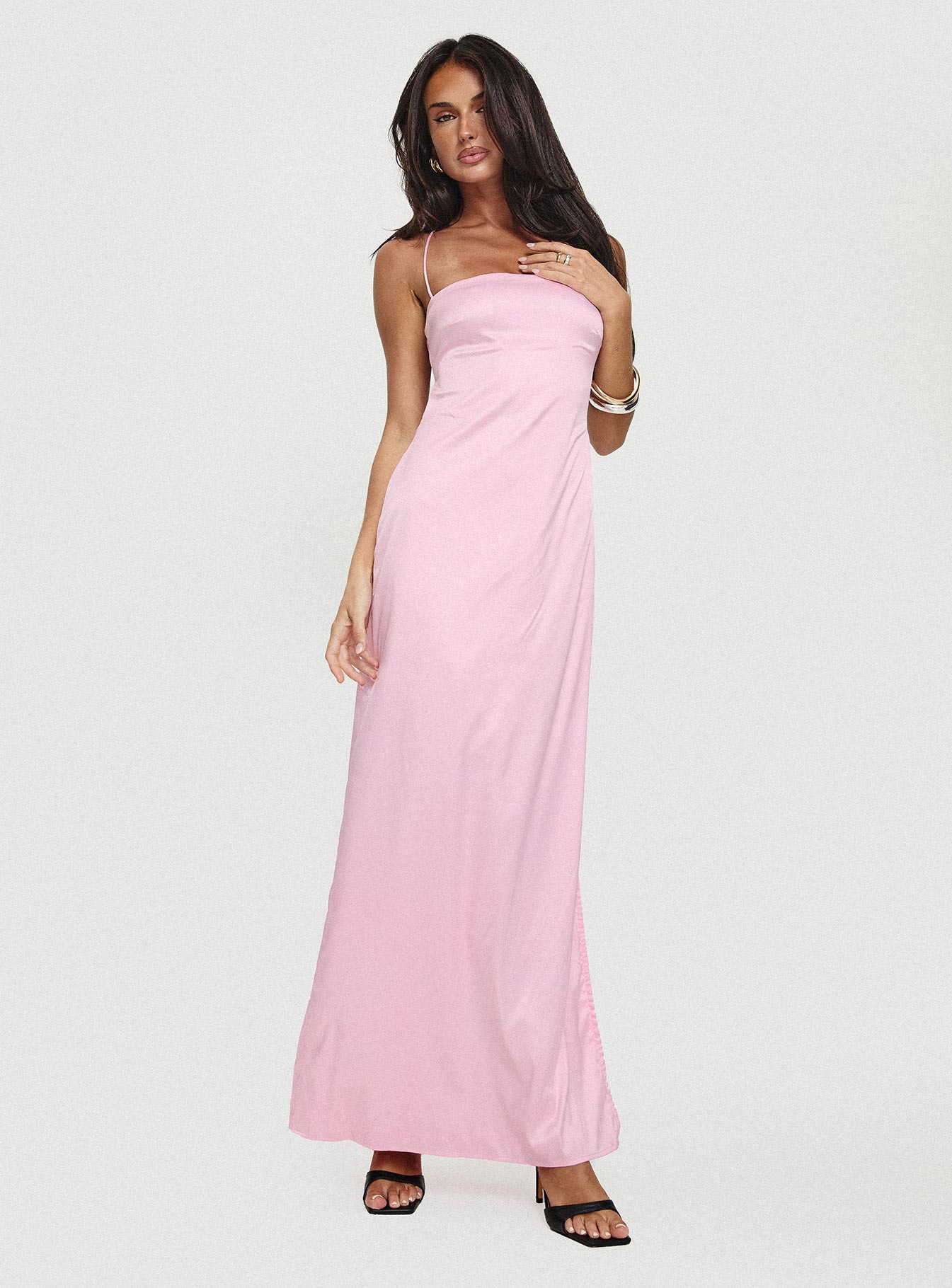 front view of model wearing Princess Polly Roselyn Maxi Dress Pink Straight Neck 