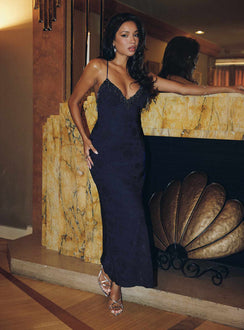 Alvera Fringe Beaded Maxi Dress Navy