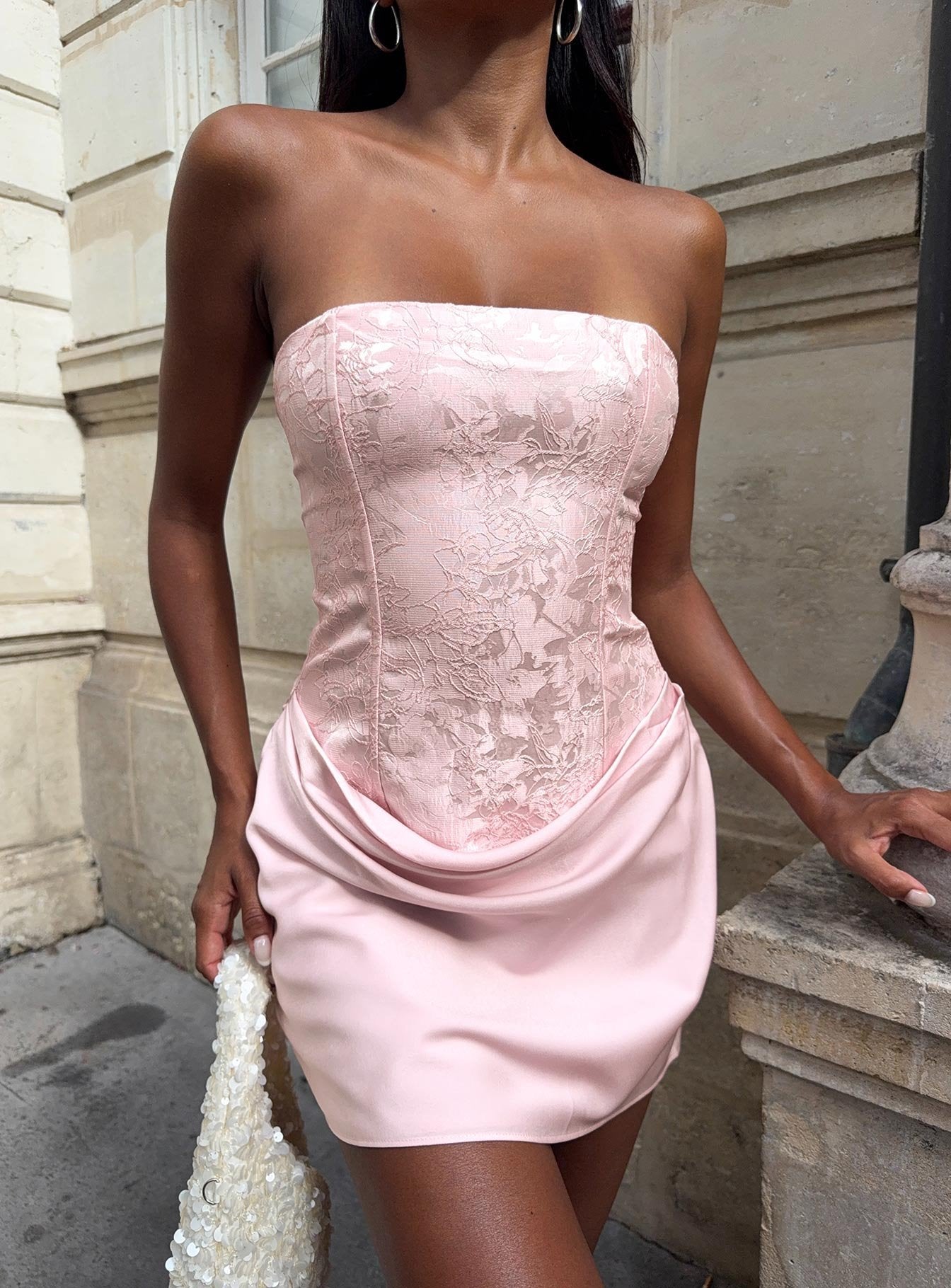 Jenevieve Strapless Drape Mini Dress Pink