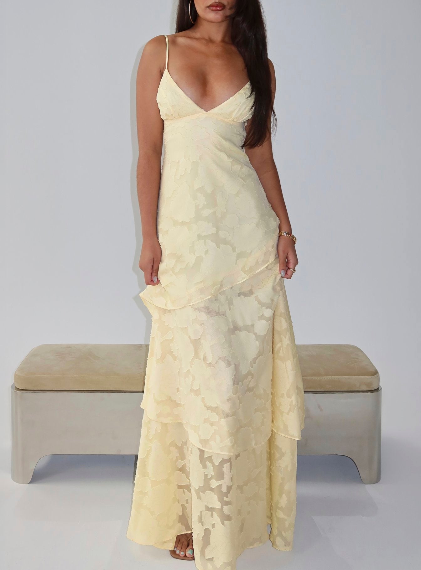 Lyricah Tiered Tie Back Maxi Dress Yellow | Princess Polly