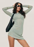 side view of model wearing Princess Polly Pratt Long Sleeve Mini Dress Grey Boat Neck 