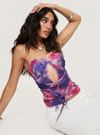 Purple Strapless top Mesh material, inner silicone strip at bust, floral print, pinched bust