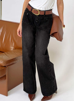 back view of model wearing Princess Polly Carianne Low Rise Wide Leg Jeans Washed Black Mid Rise Jeans 