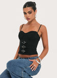 Bustier top Underwire with soft cups, adjustable straps, buckle detail, exposed zip fastening  Non-stretch material, lined bust