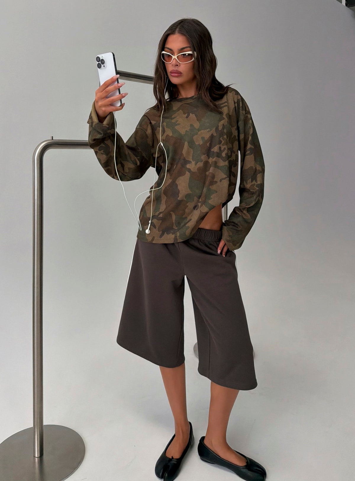 Arlla Waffle Jersey Long Sleeve Top Camo