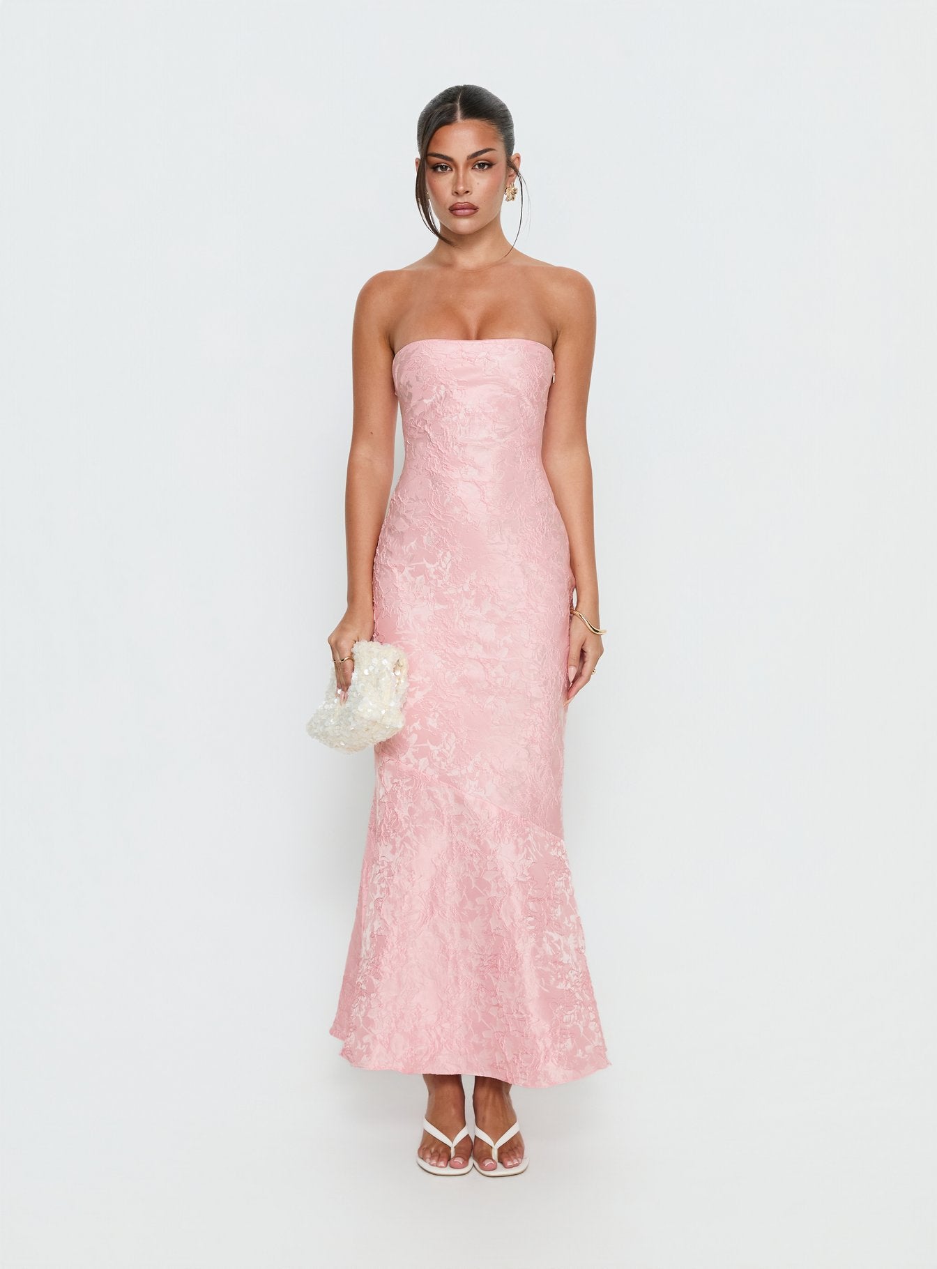 Lips Are Sealed Strapless Lace-Up Back Maxi Dress Pink | Princess Polly
