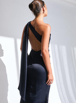 back view of model wearing Princess Polly Dulcia One Shoulder Maxi Dress Blue Asymmetric Neckline 