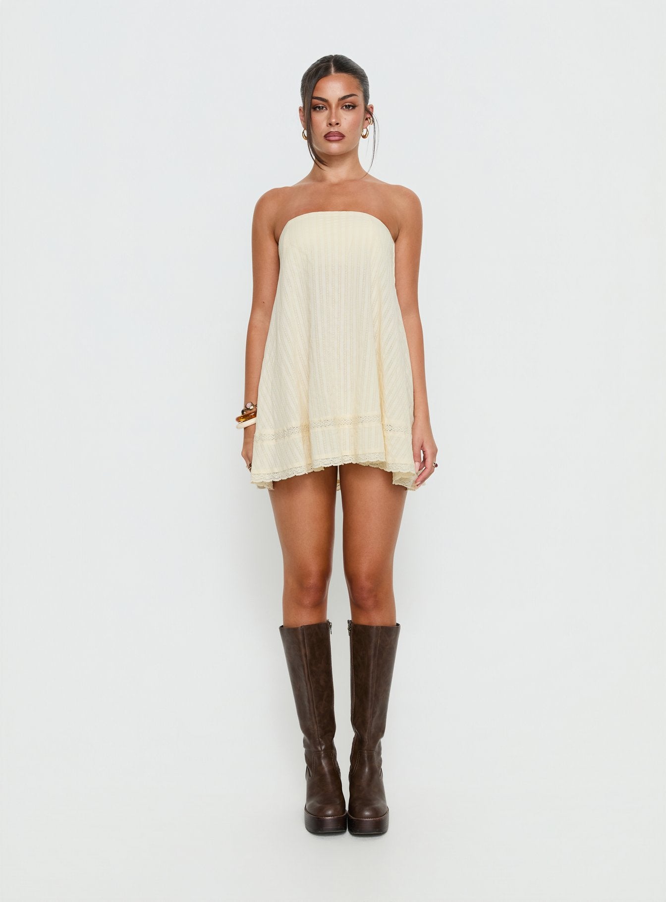 Gypsea Strapless Swing Mini Dress | Butter Yellow | Womens | Princess Polly Lower Impact Gypsea Strapless Swing Mini Dress | Butter Yellow | Womens | Princess Polly Lower Impact
