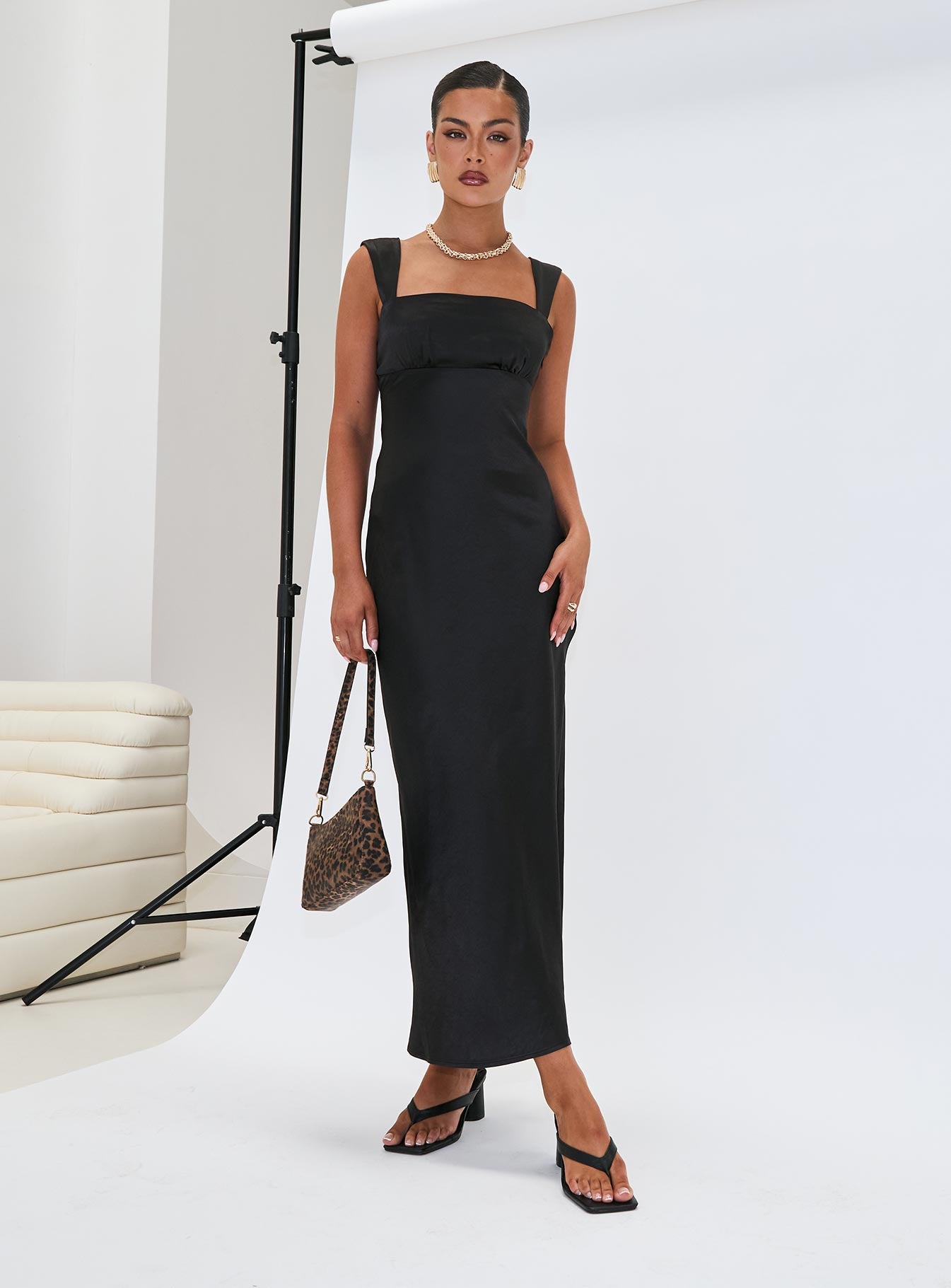 front view of model wearing Princess Polly Radioactive Bias Cut Maxi Dress Black Square Neck 