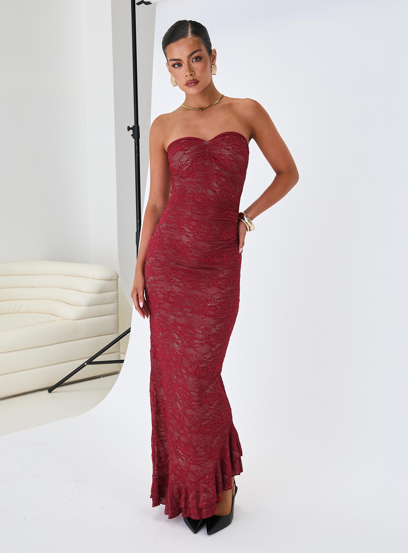 side view of model wearing Princess Polly Hailees Lace Strapless Maxi Dress Red Sweetheart Neckline 