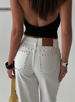 Saving Up Mid Rise Straight Leg Studded Jeans White