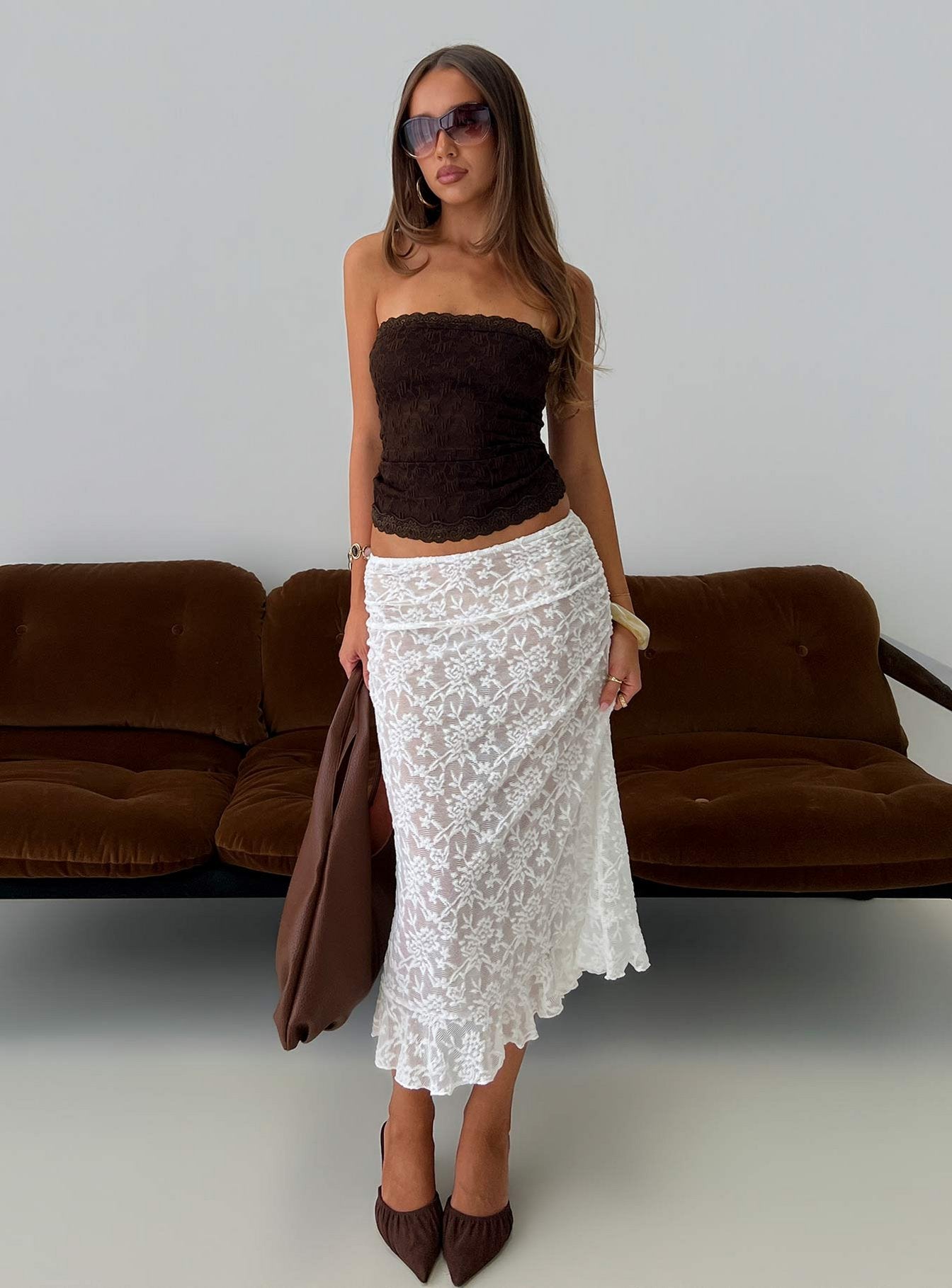 Toscani Lace Frill Midi Skirt White | Princess Polly