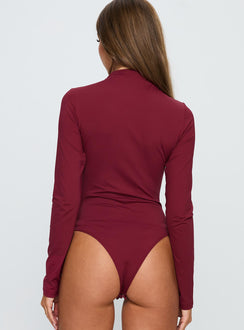 back view of model wearing Princess Polly Augustness Long Sleeve Bodysuit Burgundy Long Sleeve Tops 