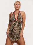 front view of model wearing Princess Polly Arzelie Bias Halter Mini Dress Leopard Plunger 