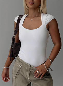 front view of model wearing Princess Polly Want You Forever Bodysuit White Short Sleeves 