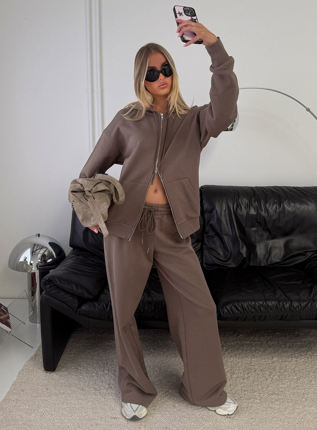 front view of model wearing Princess Polly All Day Oversized Hoodie Mocha Longline Jumpers 