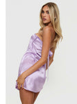 side view of model wearing Princess Polly Shaya Strapless Mini Dress Lilac Straight Neck 